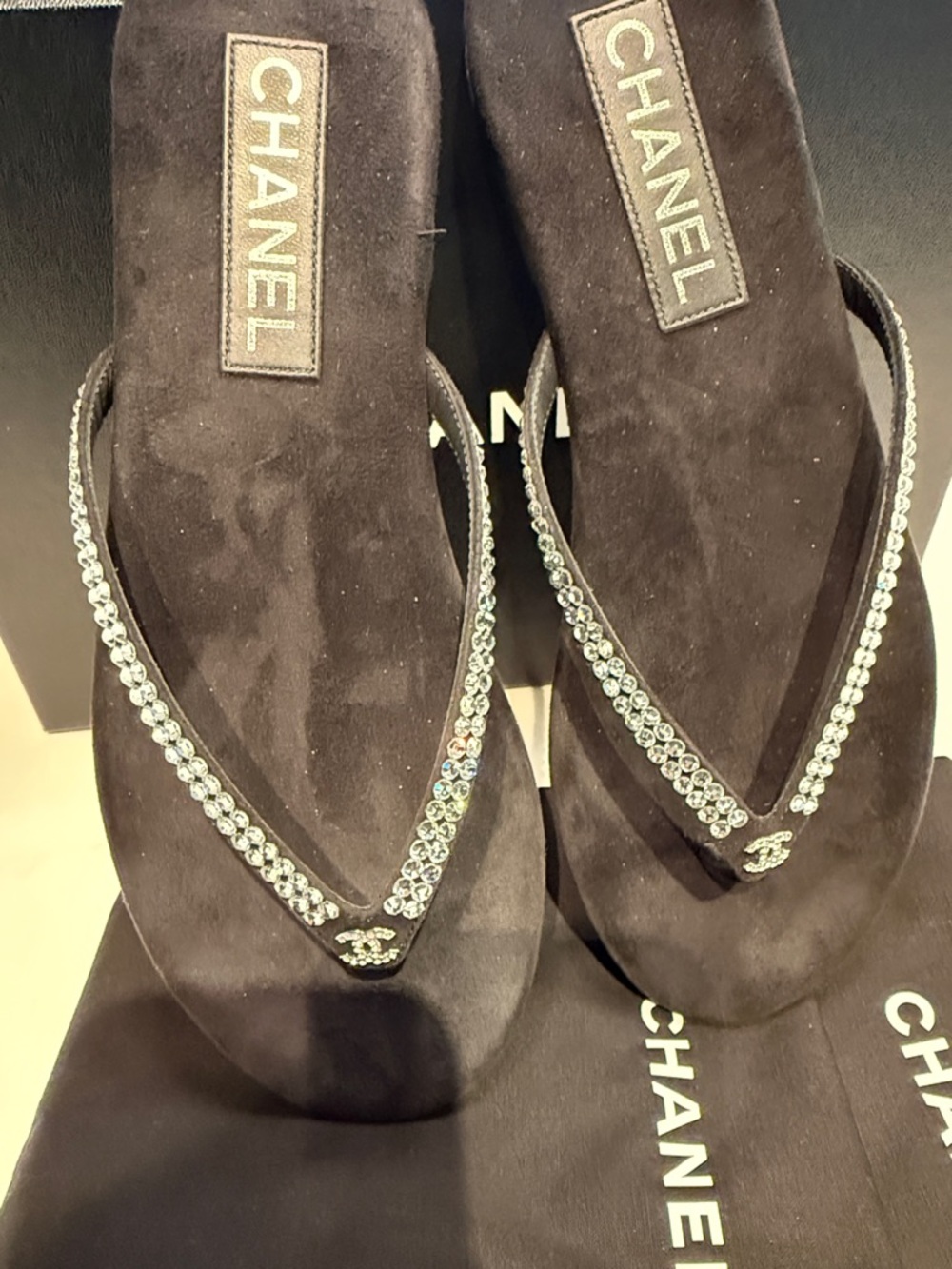 CHANEL Black Suede Crystal-Strap Thong Sandals - Picture 3 of 8